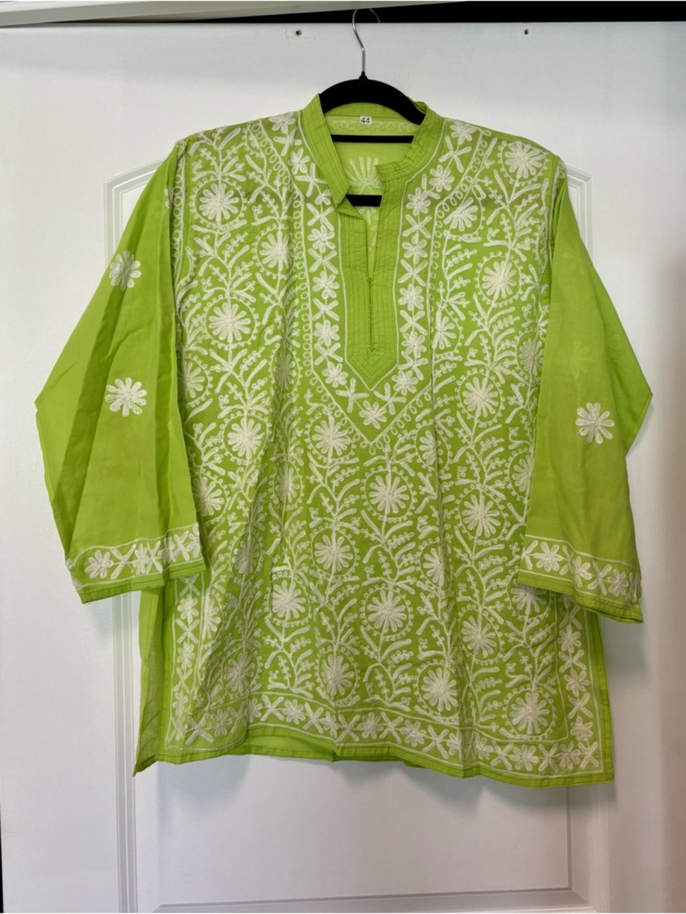 Stunning Lime Green Hand Embroidered V-Neck Cotton Kurta Tunic
